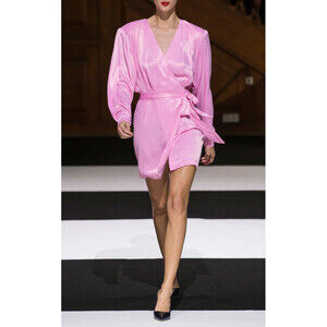 Rotate Birger Christensen Samantha Belted Satin Wrap Dress In Prism Pink Size 2